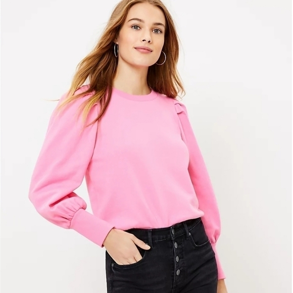 NWT Ann Taylor LOFT Pink Puff Sleeve Fitted Sweatshirt Size Medium